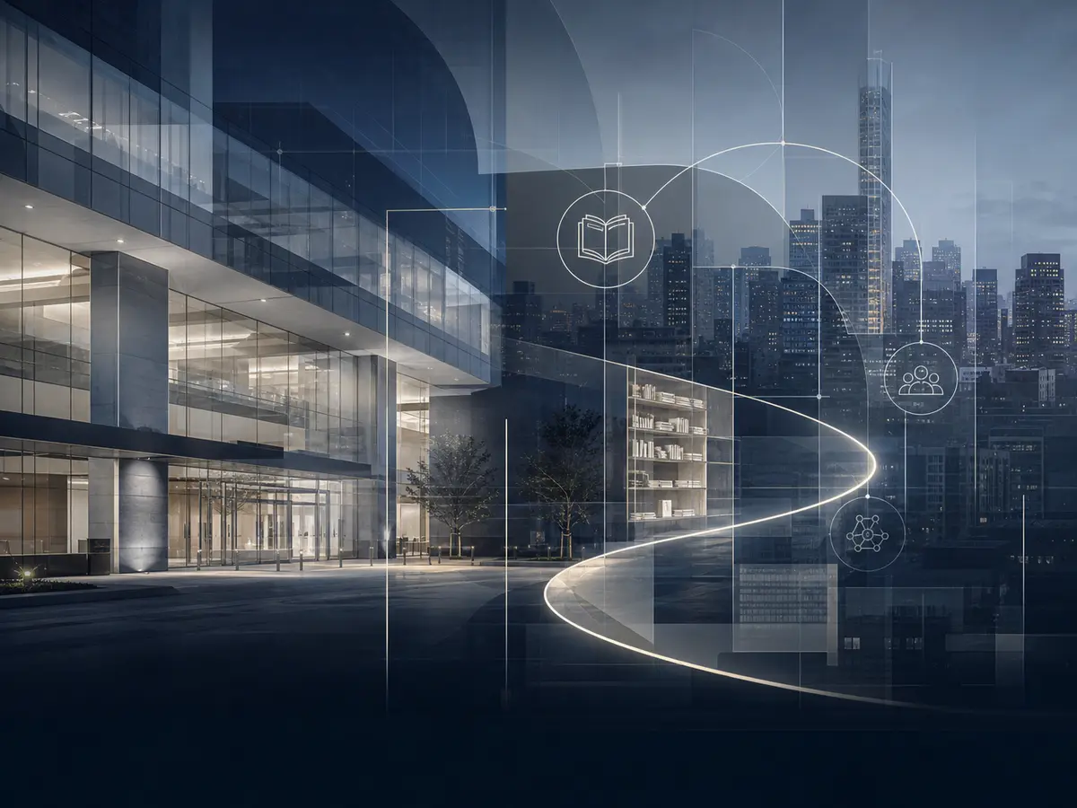 An abstract hospital and city scene connected by a luminous pathway and symbols of learning and professional collaboration.